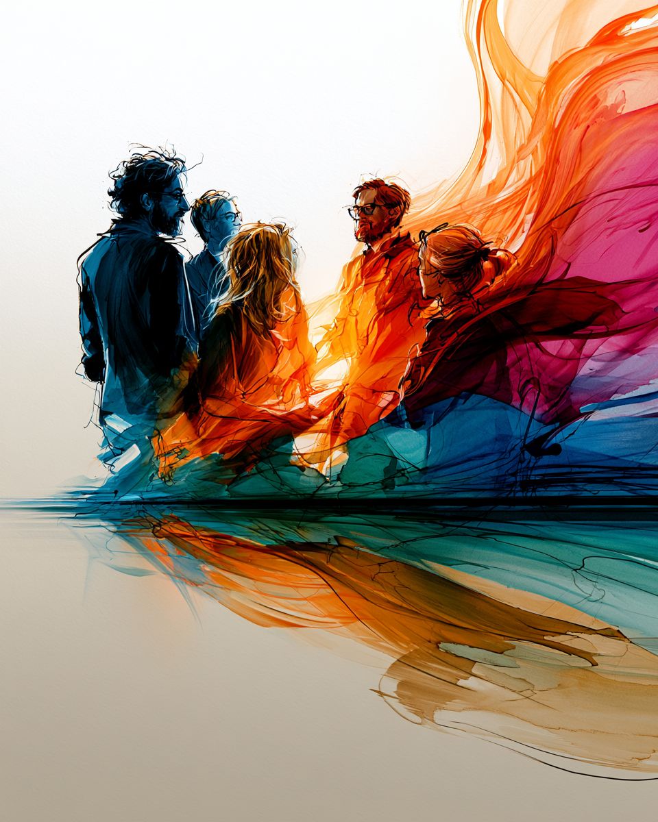 Ide8 members represented as distinct figures, each drawn in an individual line and colour.