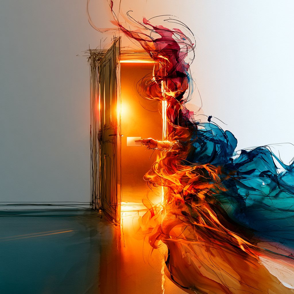 An open doorway illuminated from within, with a hand extending an invitation.