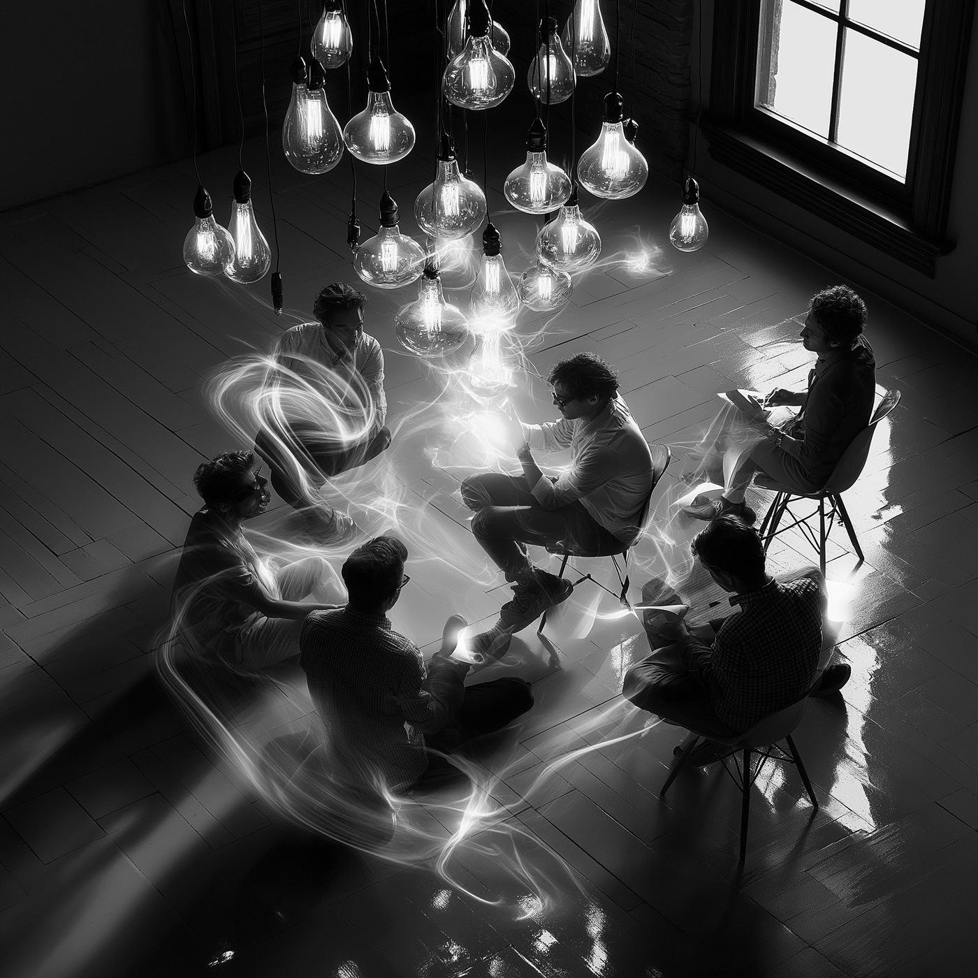 Founders gathered in a circle beneath a canopy of lit ideas